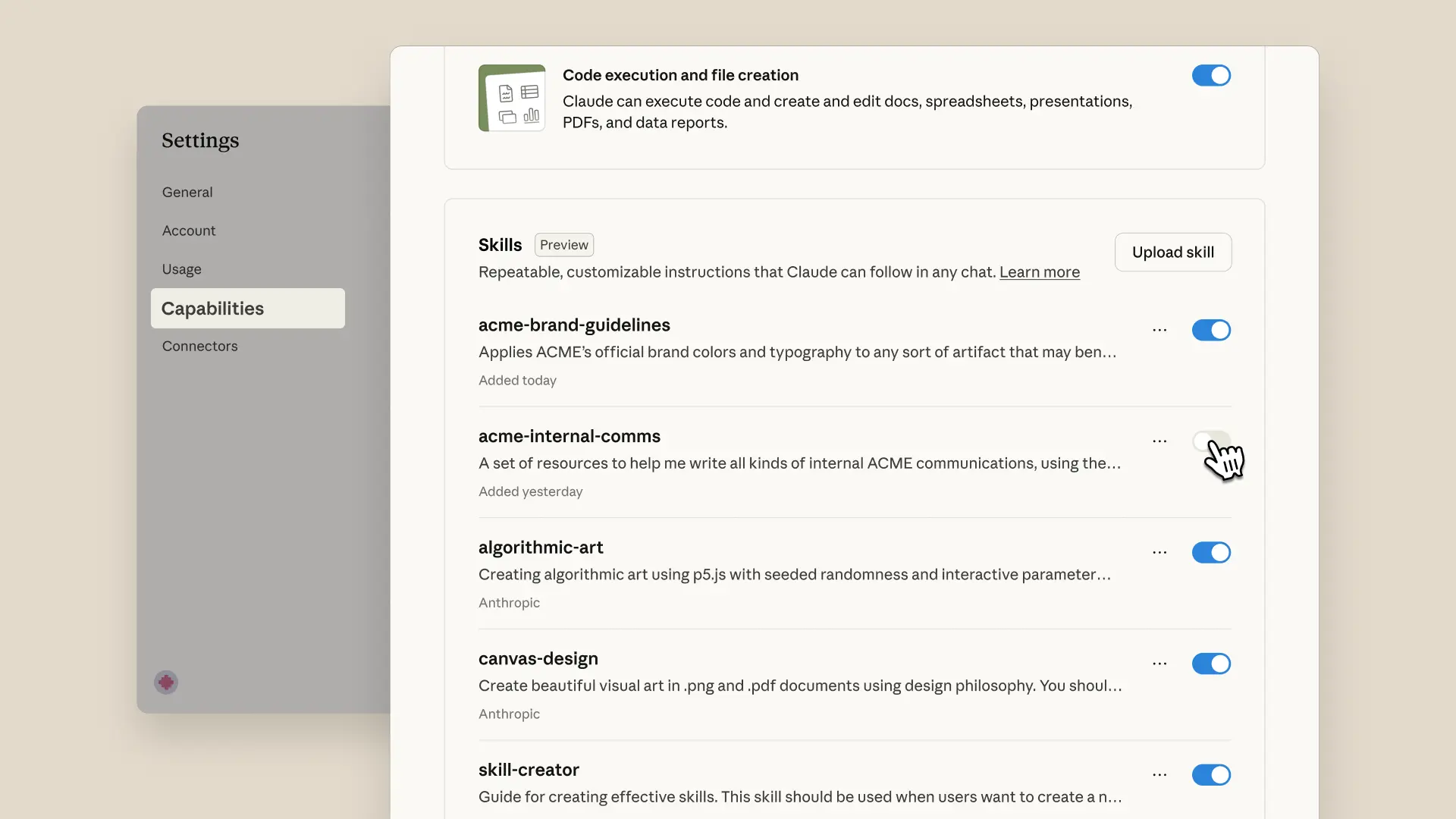 Claude.ai 中的 Skills 管理界面