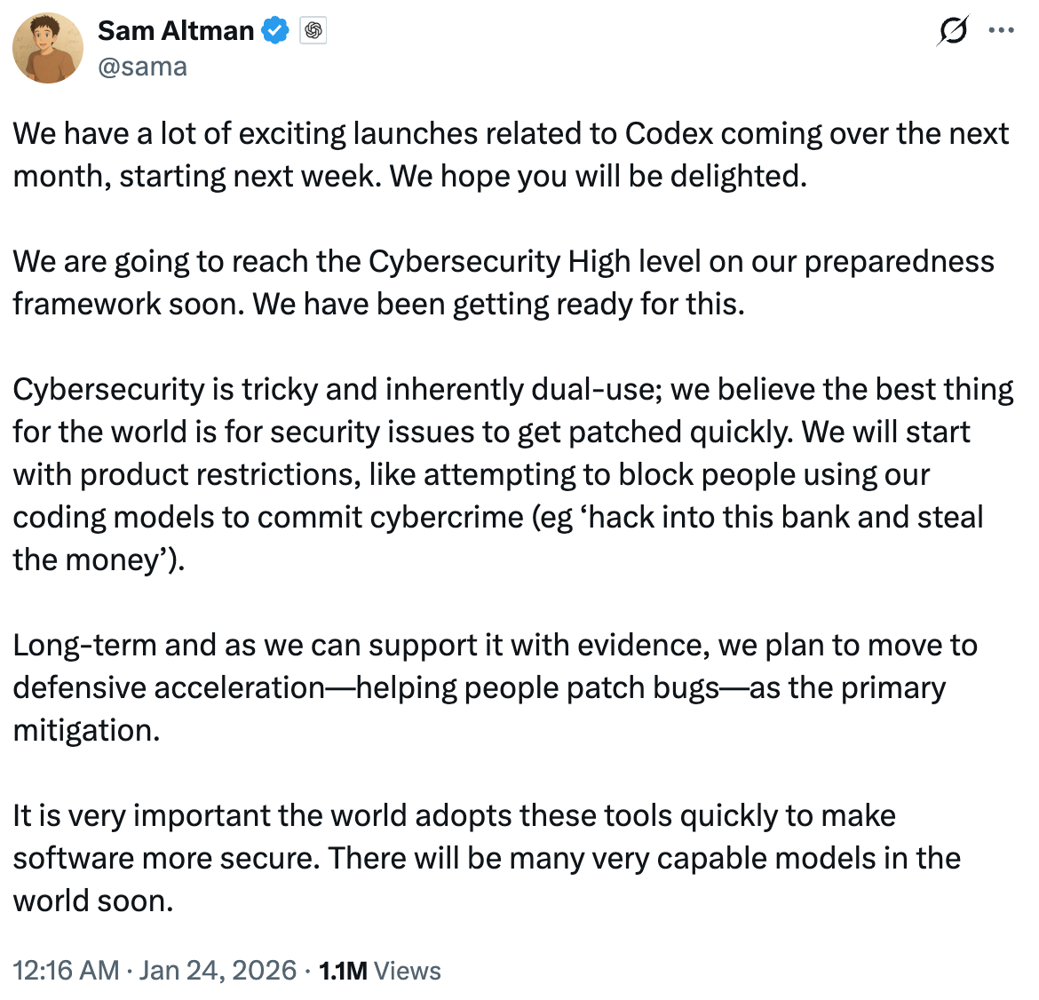 Sam Altman 发文预告 Codex 后续发布与安全准备