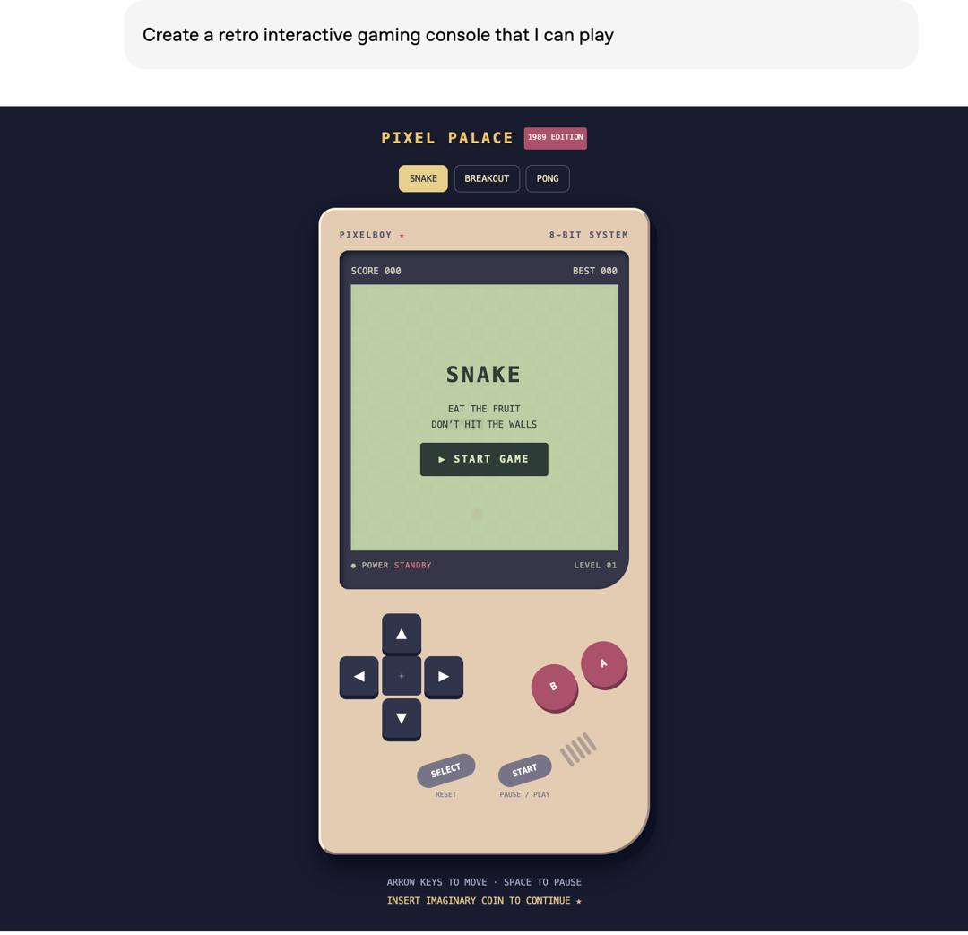 官方博客里的复古游戏 demo:一句提示词生成的 8-bit 掌机