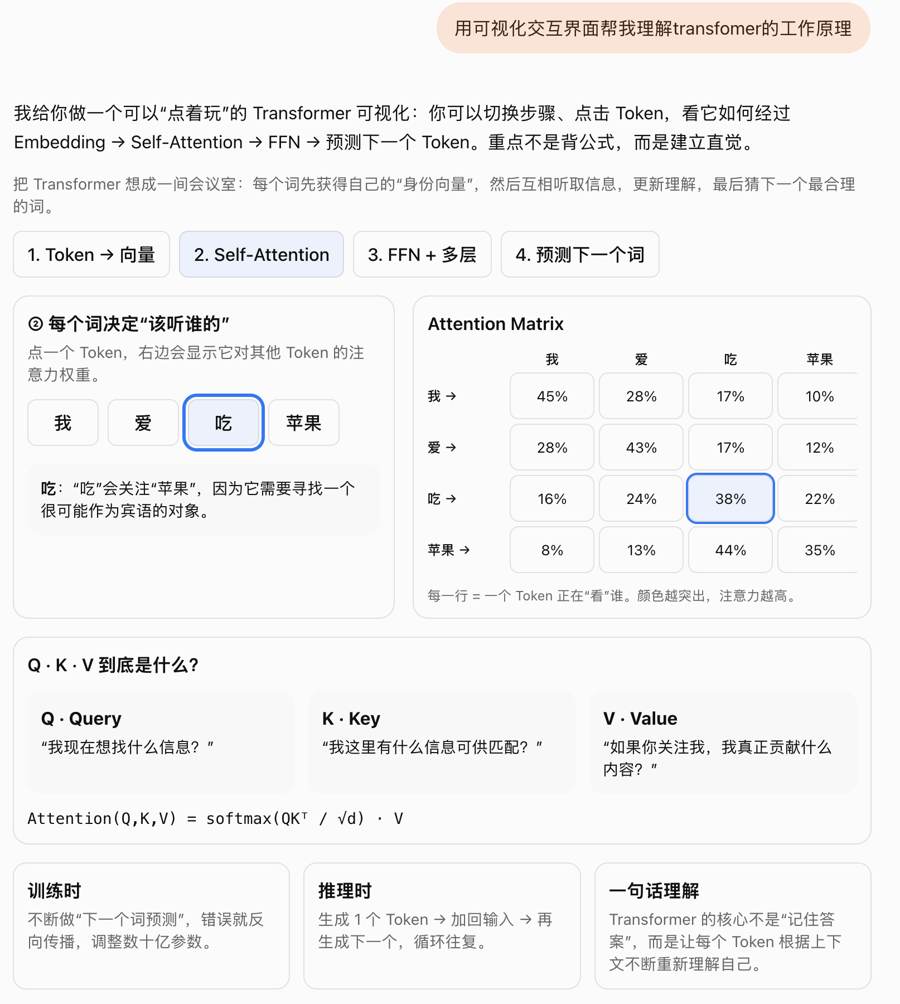 把“Intelligent UI”换成“可视化交互界面”之后,ChatGPT 直接生成的 Transformer 交互讲解